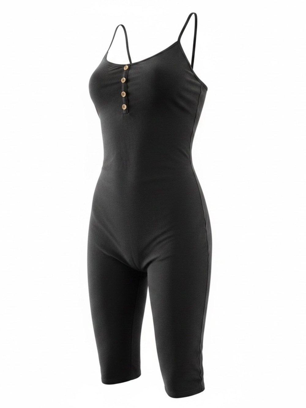 Black Sleeveless Henley Jumpsuit with Button Front